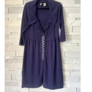 MOTH ANTHRO Wool Multi-button Ruffle Waist Deep V-neck Midi Sweater Dress Navy L